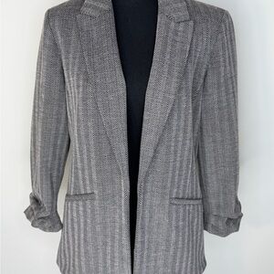 Nine West Blazer Womens Medium Gray Herringbone Open Front Ruched Sleeve Lined